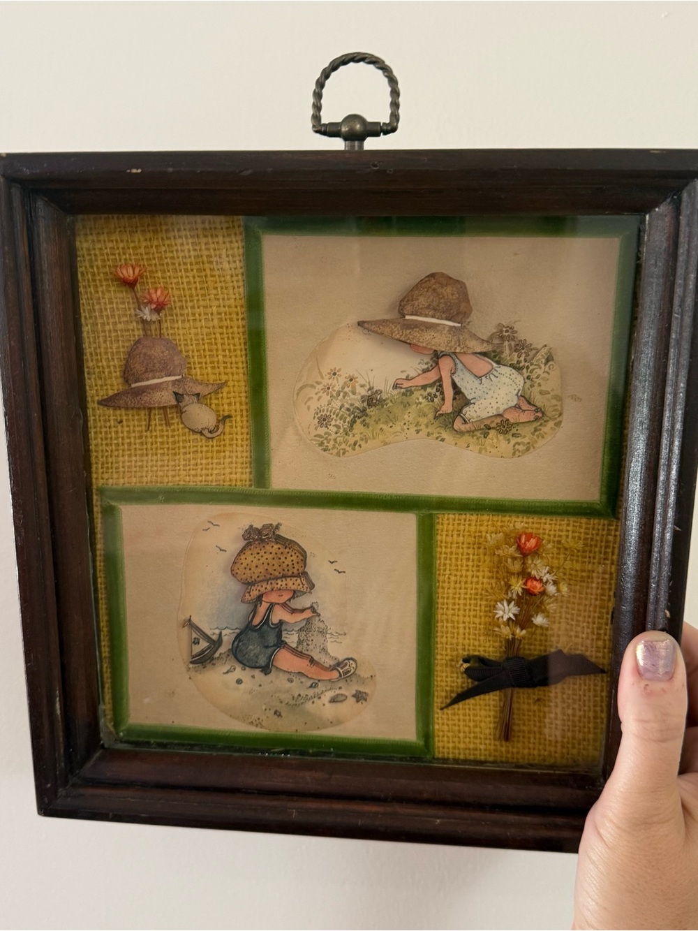 Vintage Framed Sunbonnet Girl Print Collage in Dark Wood Frame